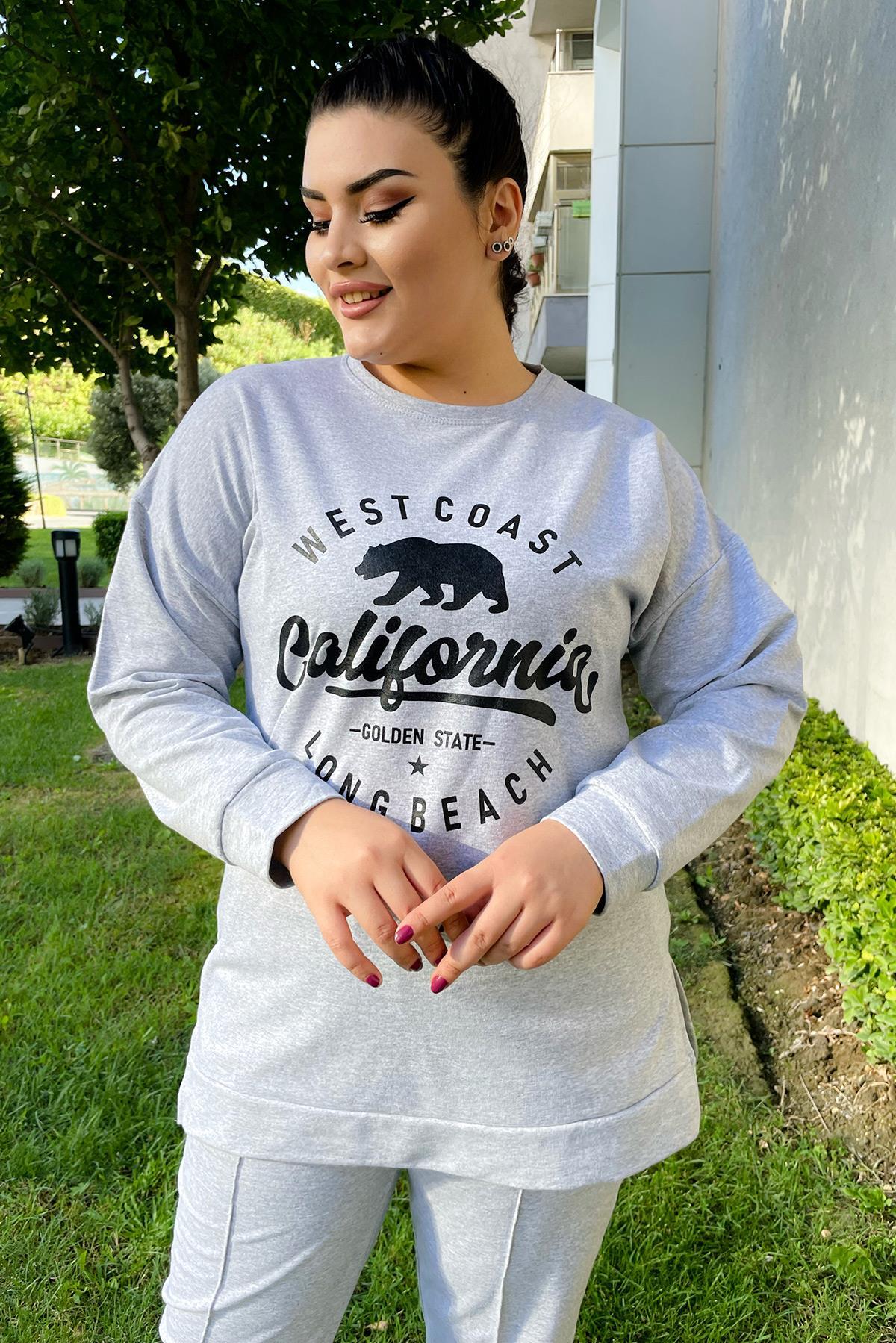 Büyük Beden California Baskılı Yanları Yırtmaçlı Sweatshirt Gri
