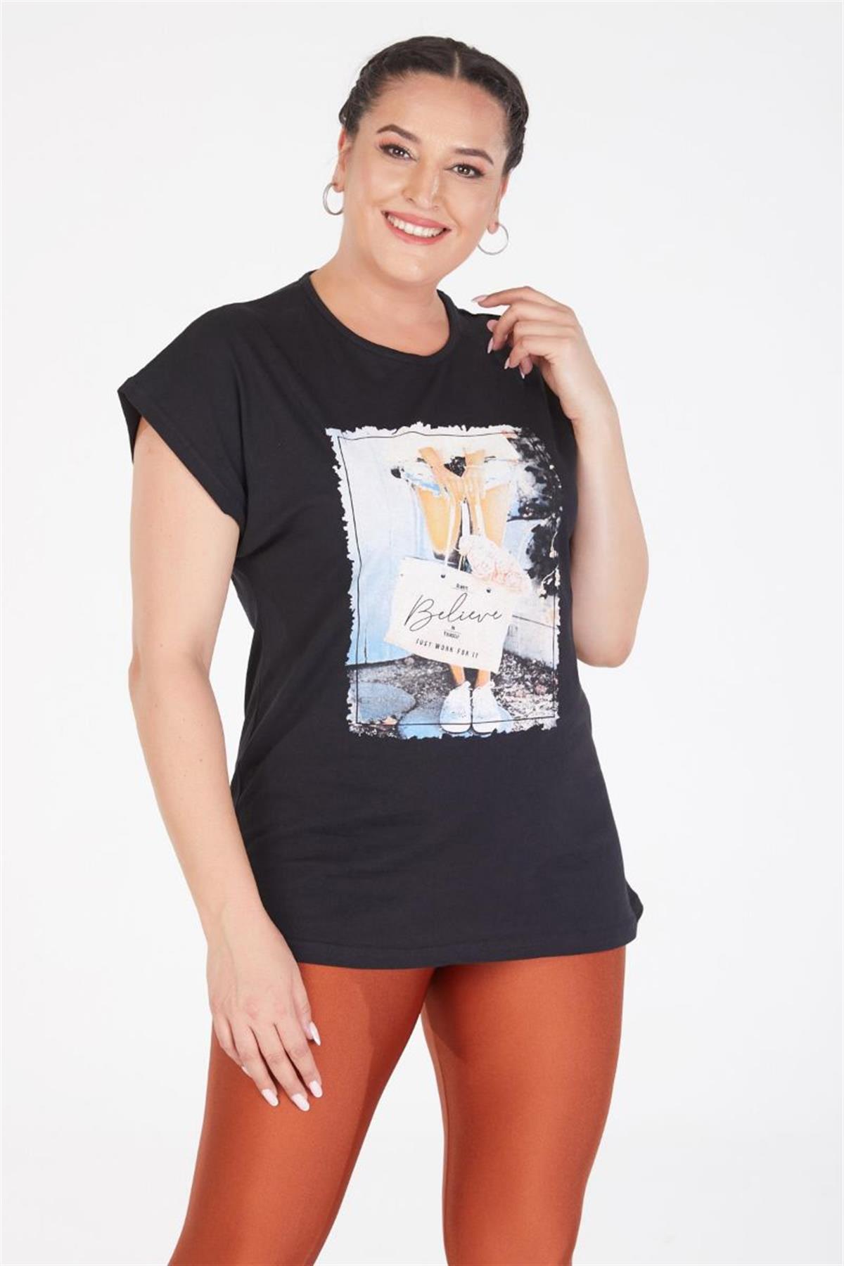 Tshirt Büyük Beden Çanta Baskılı Yarasa Kol T-Shirt Siyah