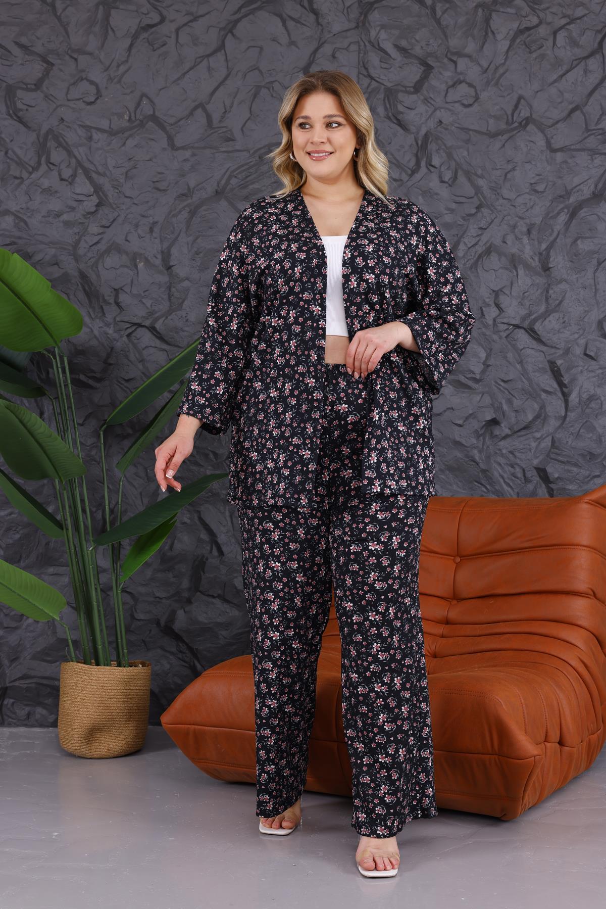 Büyük Beden Çiçek Desen Kimono Takım