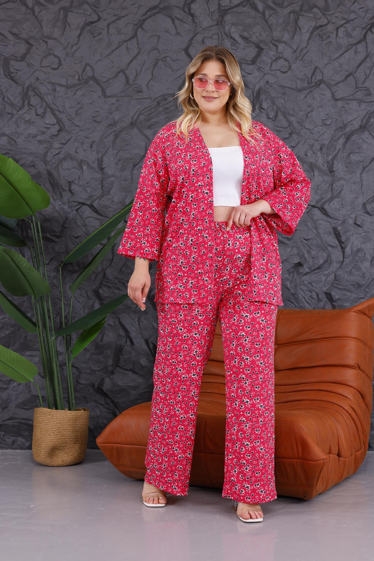 Büyük Beden Çiçek Desen Kimono Takım