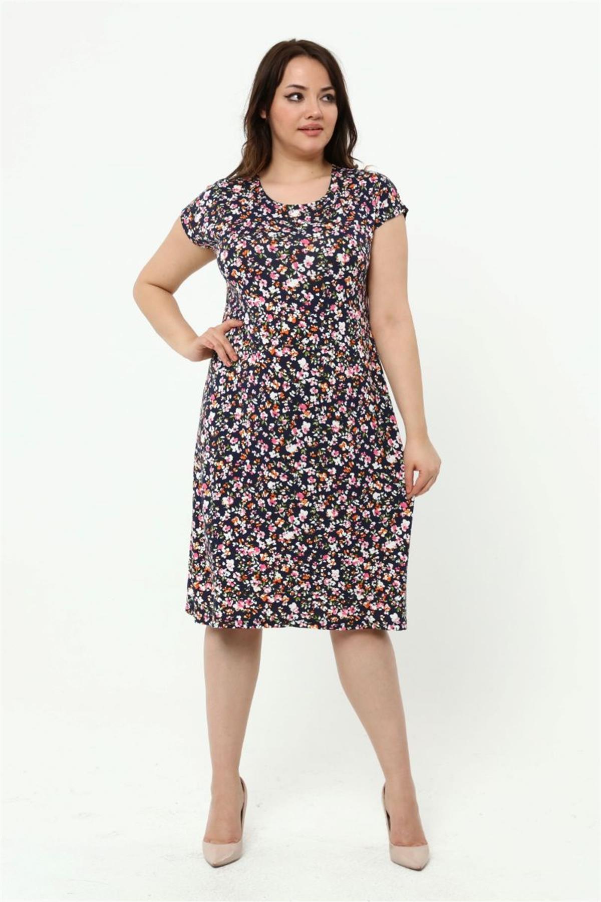 Elbise Büyük Beden Çiçek Desenli Elbise Lacivert