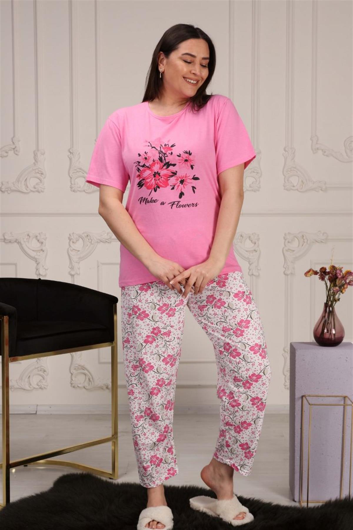 Pijama Takımı Büyük Beden Çiçek Desenli Pijama Takımı Pembe