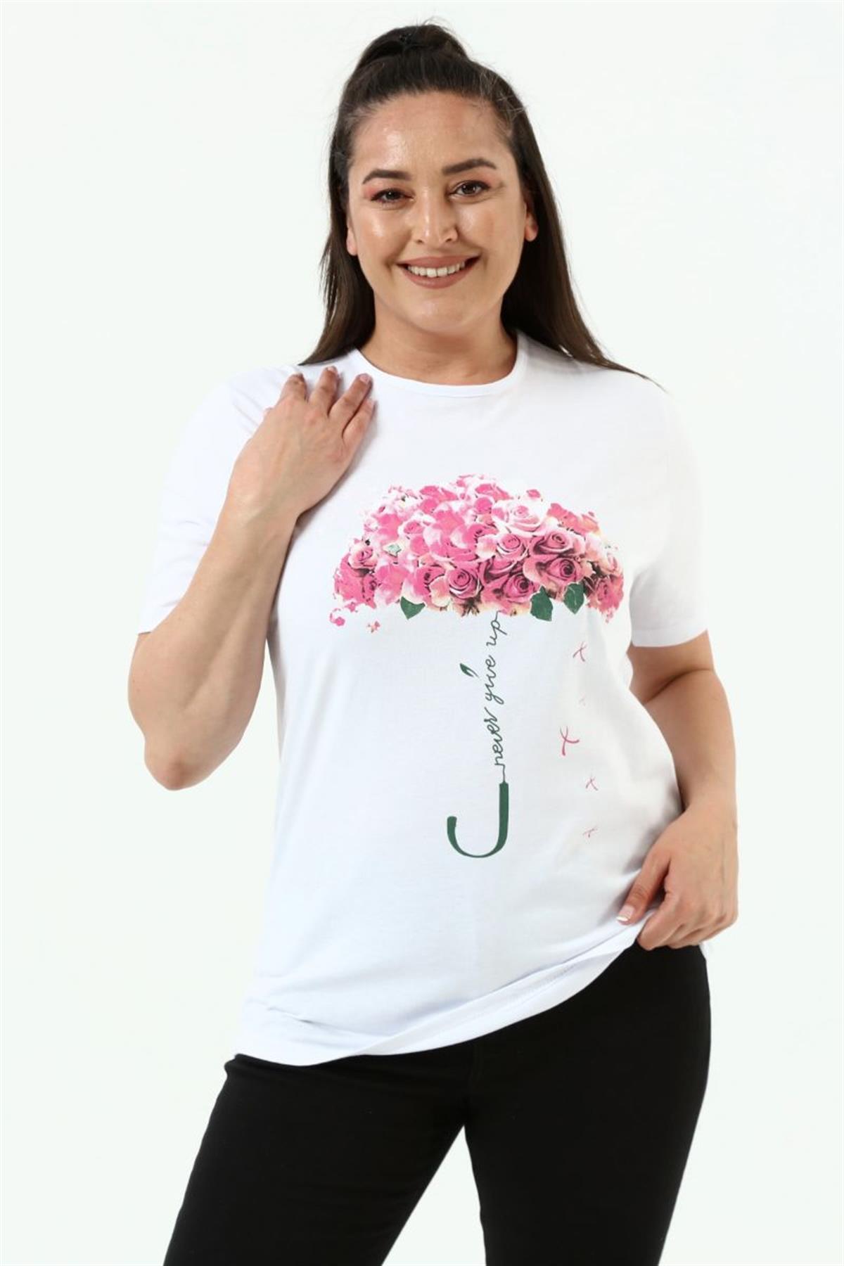Tshirt Büyük Beden Çiçek Deste Baskılı Bisiklet Yaka T-Shirt Beyaz