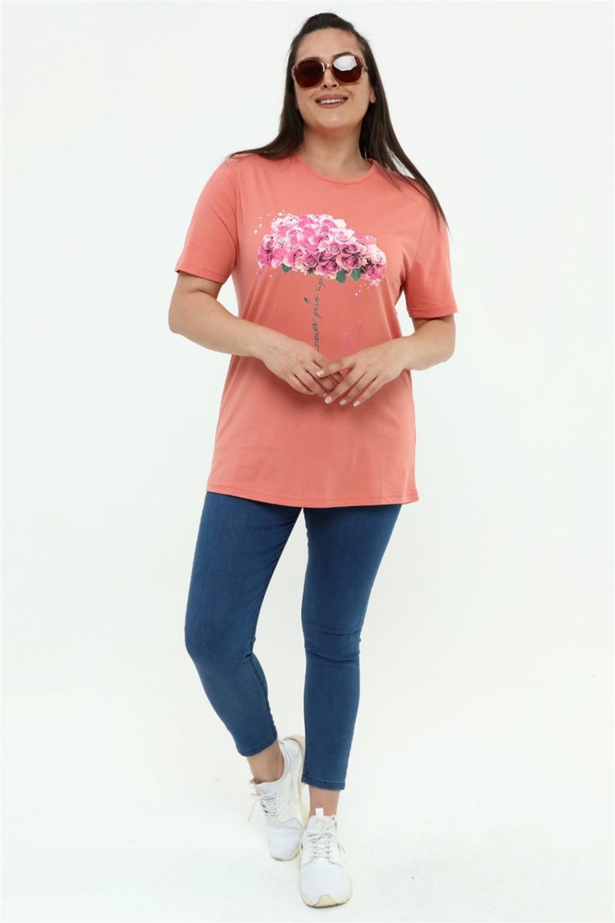 Tshirt Büyük Beden Çiçek Deste Baskılı Bisiklet Yaka T-Shirt Somon