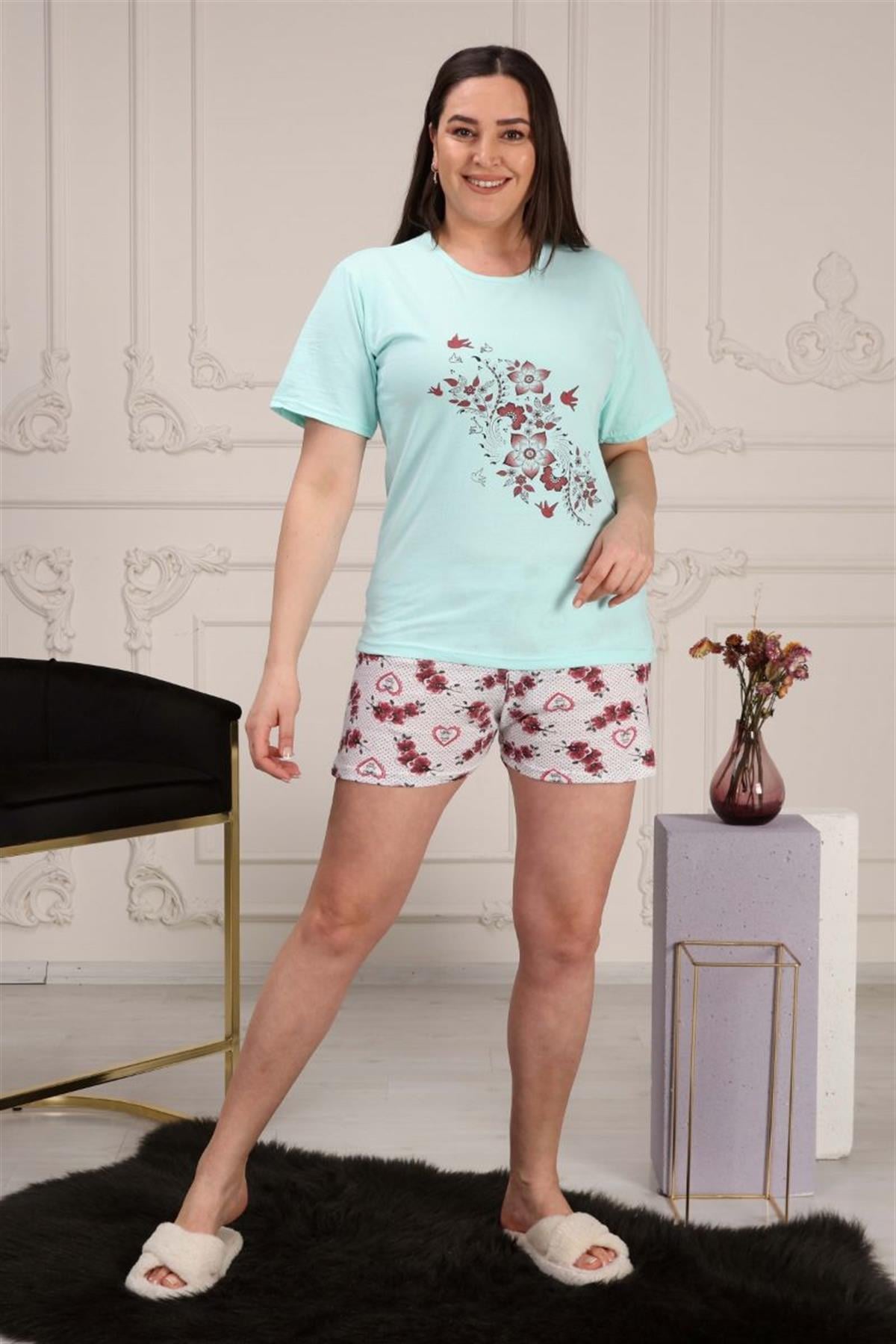 Pijama Takımı Büyük Beden Çiçekli Şortlu Pijama Takımı Mint Yeşili