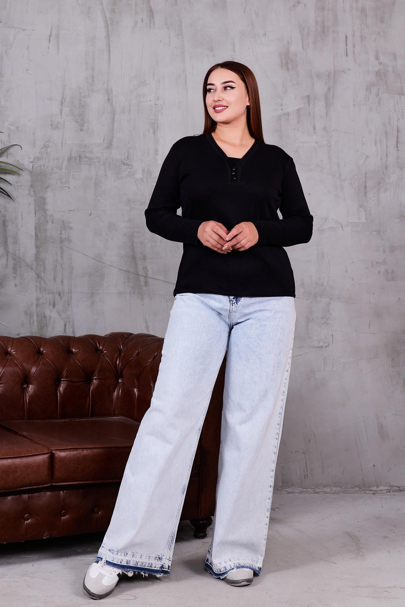 Büyük Beden Çift Biyeli Düğmeli Pamuklu Bluz