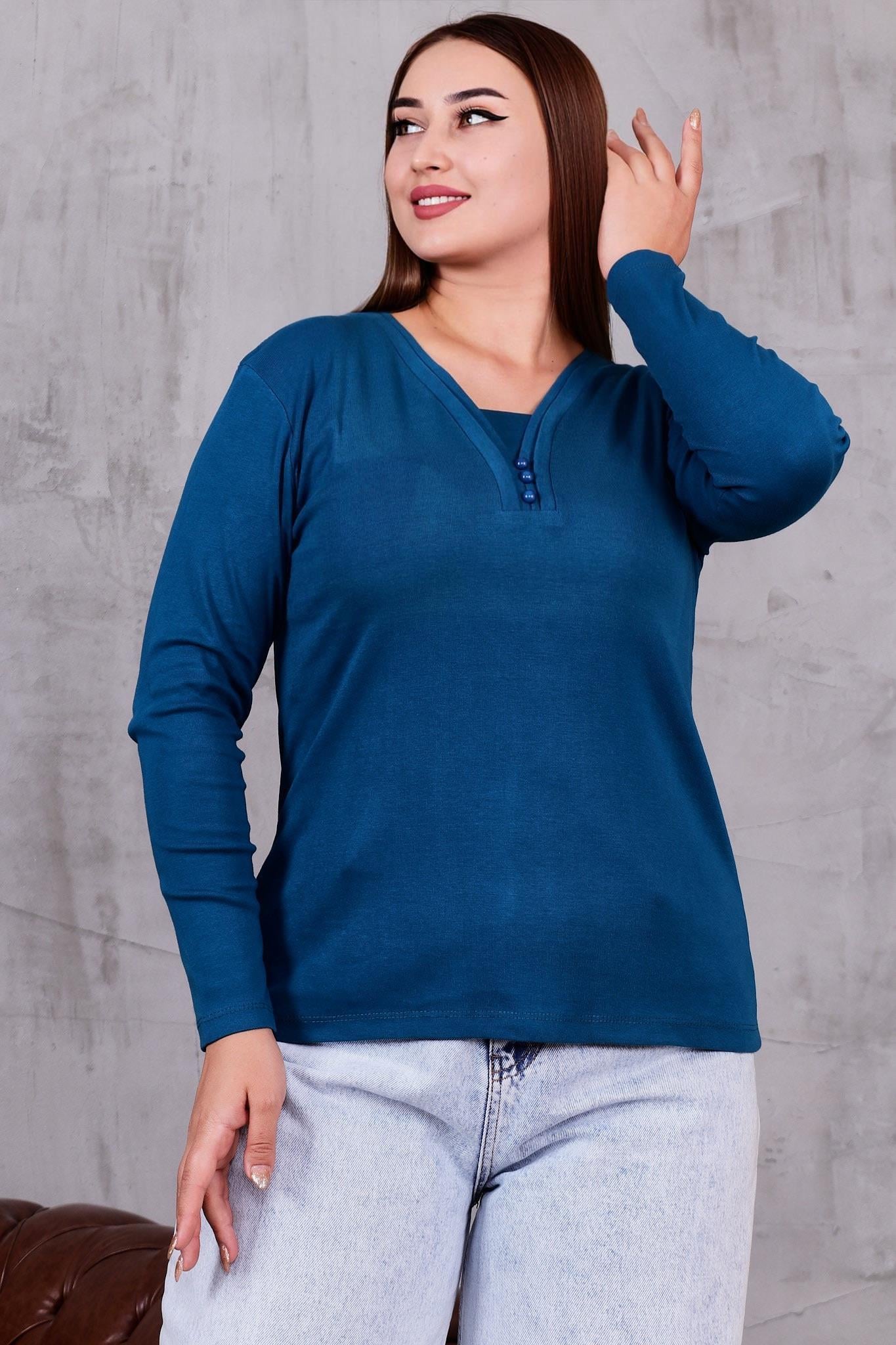 Büyük Beden Çift Biyeli Düğmeli Pamuklu Bluz