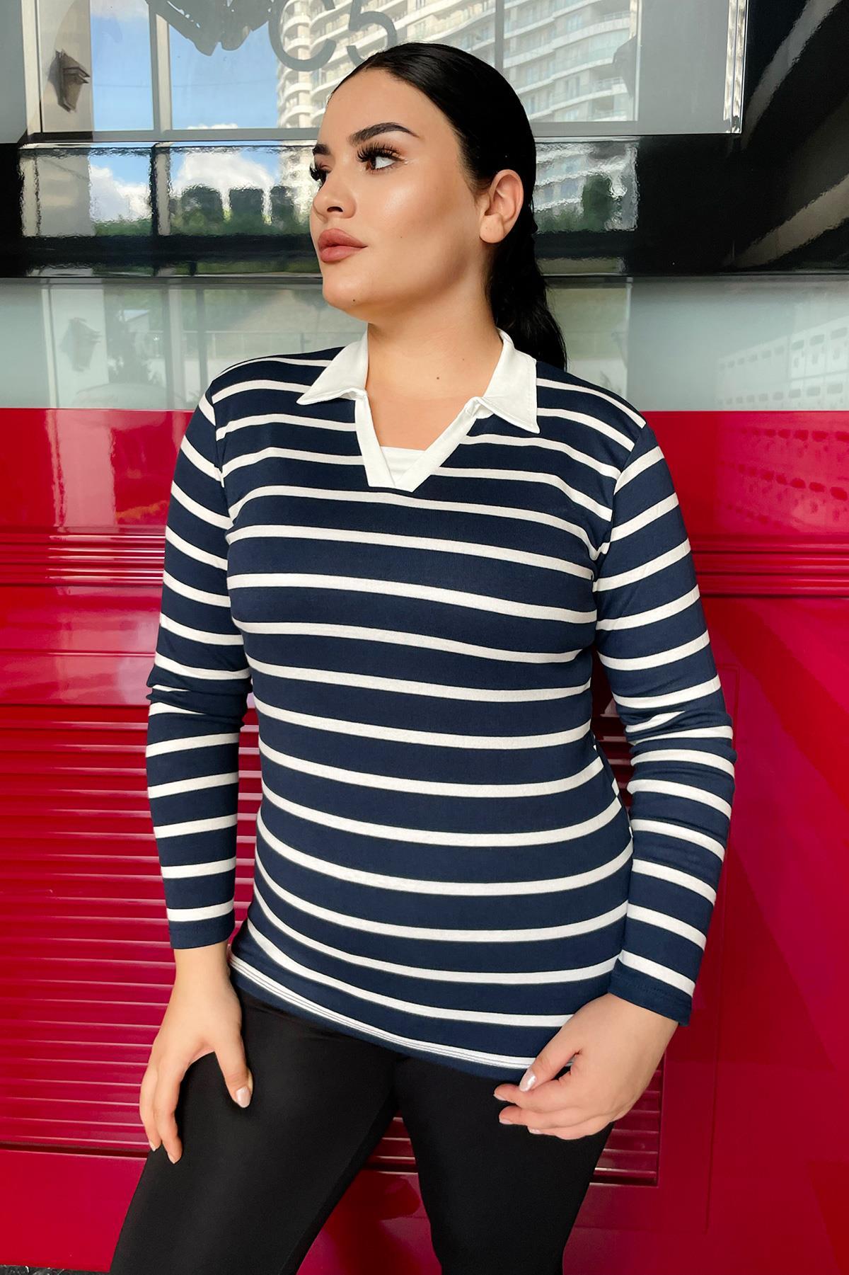 Uzun Kol Bluz Büyük Beden Çizgili Polo Yaka Likralı Bluz Lacivert