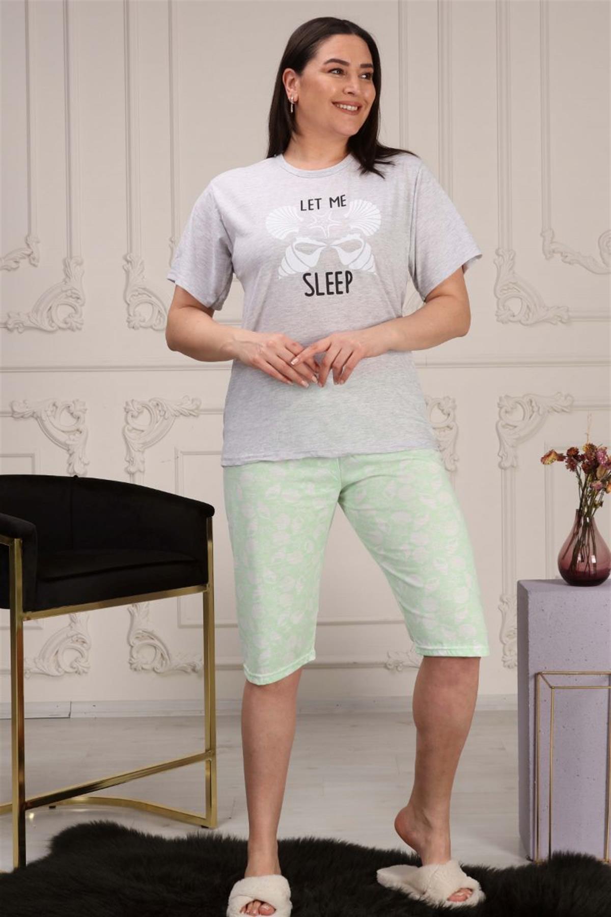 Pijama Takımı Büyük Beden Deniz Kabuğu Baskılı Kapri Şortlu Pijama Takımı Gri
