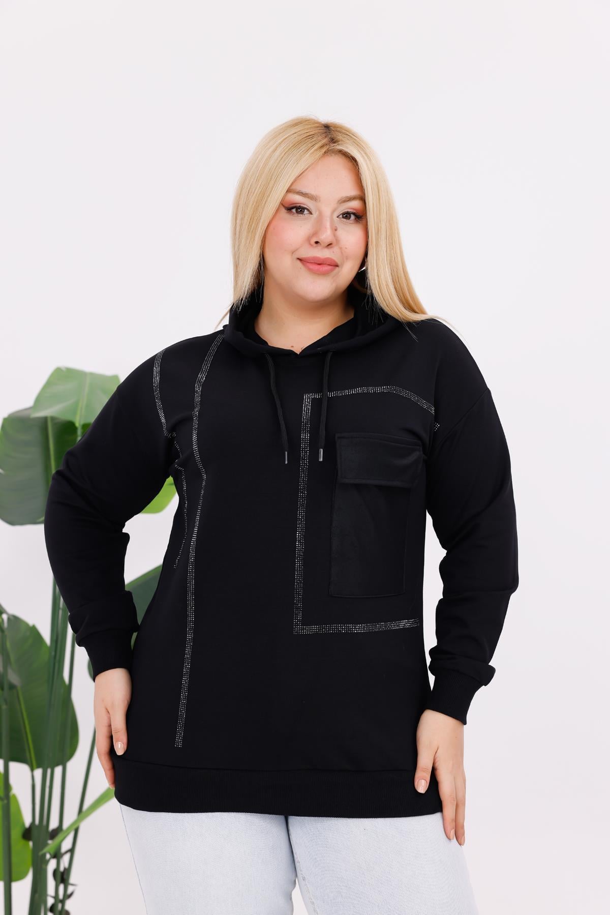 Büyük Beden Deri Cepli Sweatshirt