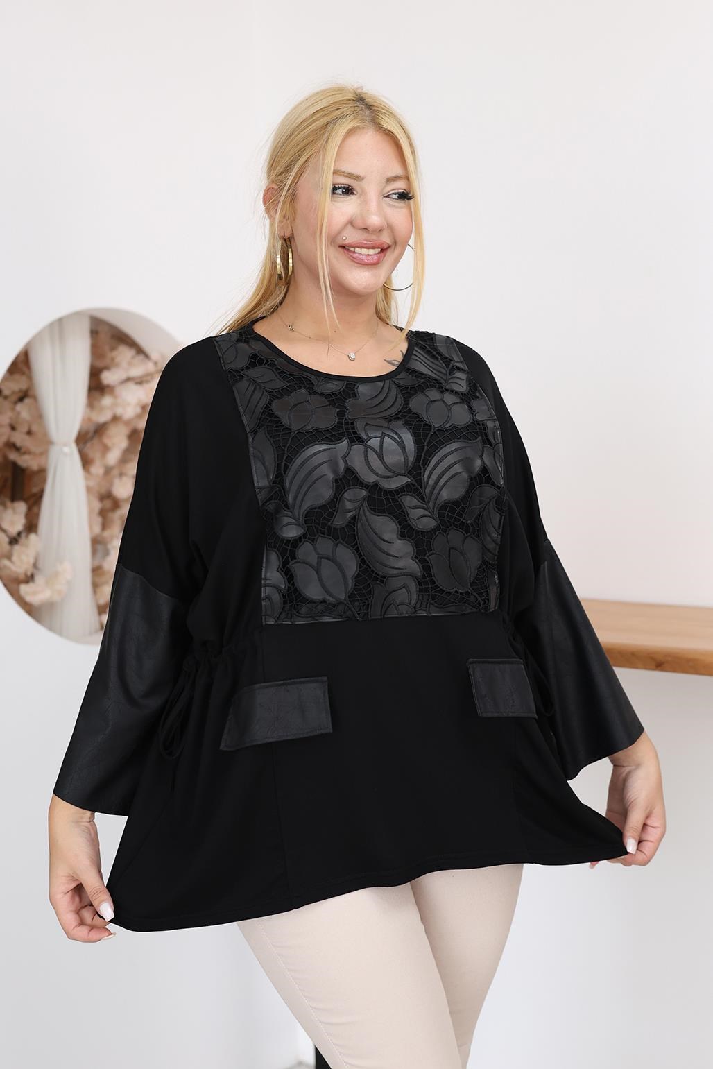 Büyük Beden Deri ve Nakış Detaylı Oversize Bluz