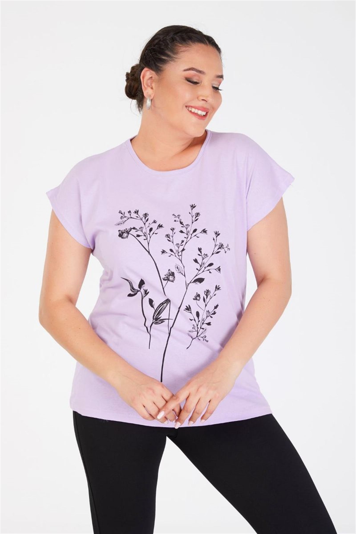 Tshirt Büyük Beden Deste Çiçek Baskılı Yarasa Kol T-Shirt Lila