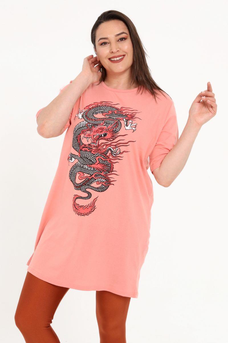 Tshirt Büyük Beden Dragon Baskılı Tunik T-Shirt Yavruağzı