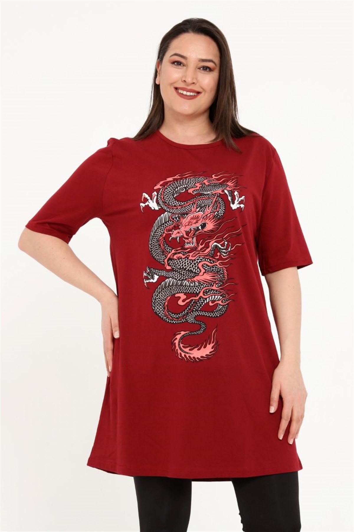 Tshirt Büyük Beden Dragon Baskılı Tunik T-Shirt Bordo