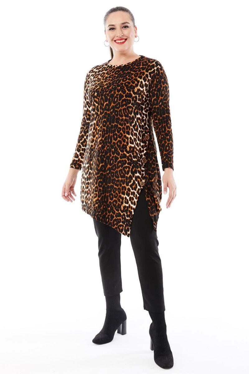 Tunik Büyük Beden Düğme Detaylı Desenli Tunik Leopar