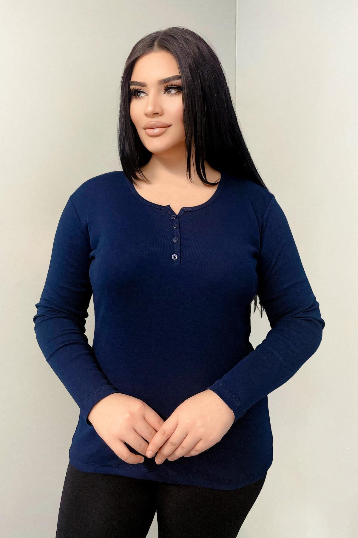 Bluz Büyük Beden Düğme Detaylı Pamuklu Bluz Fuşya