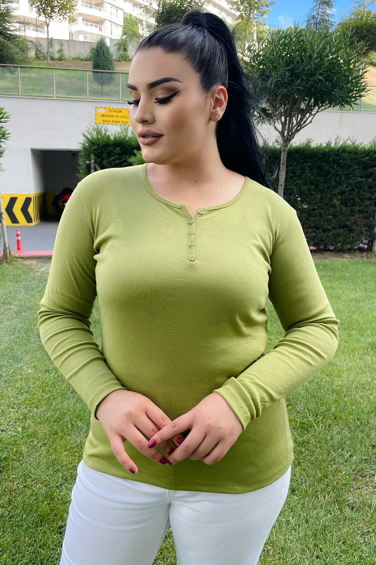 Bluz Büyük Beden Düğme Detaylı Pamuklu Bluz Yağ Yeşili
