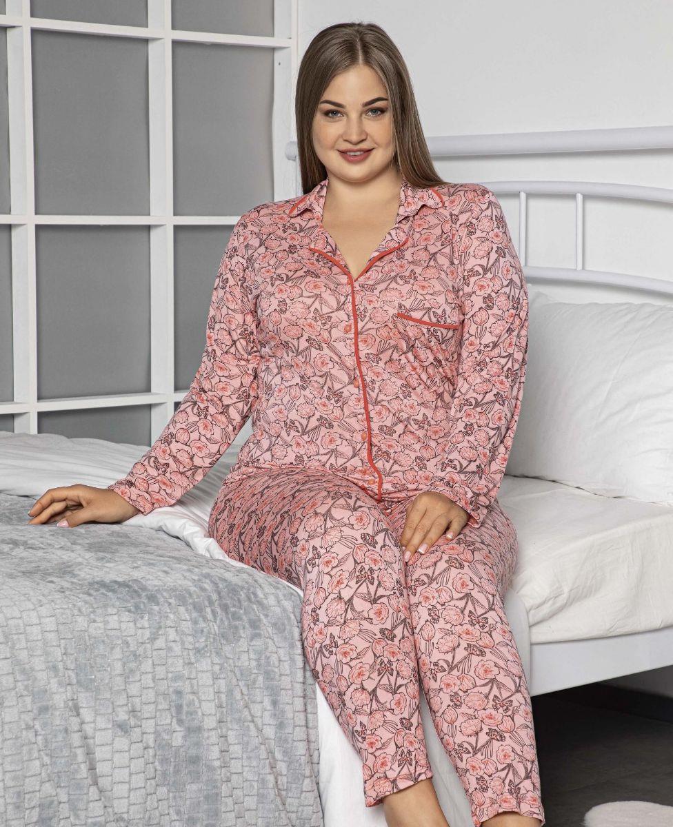 Pijama Takımı Büyük Beden Düğmeli Cepli Maskülen Pijama Takımı Pembe