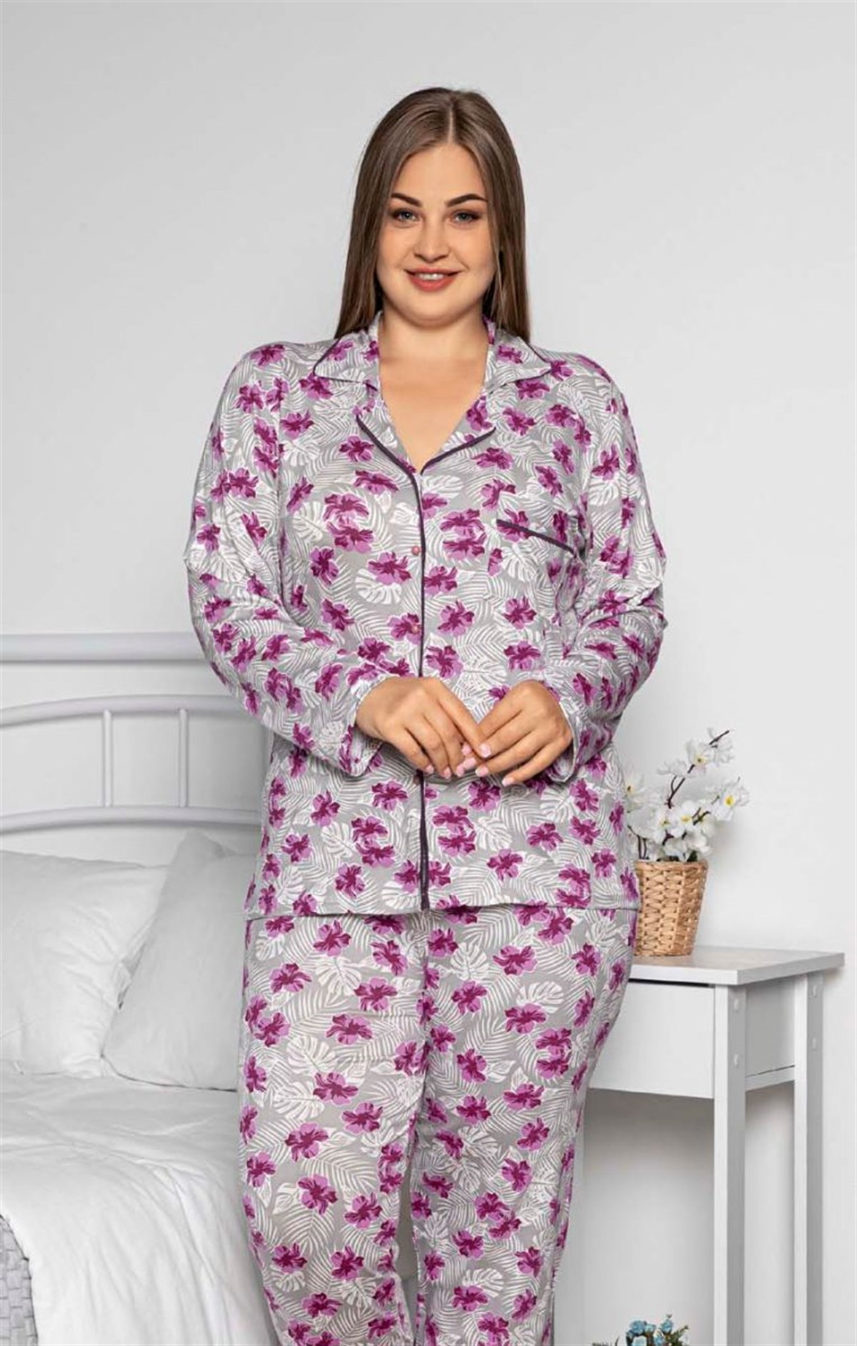 Pijama Takımı Büyük Beden Düğmeli Çicekli Cepli Maskülen Pijama Takımı Mor