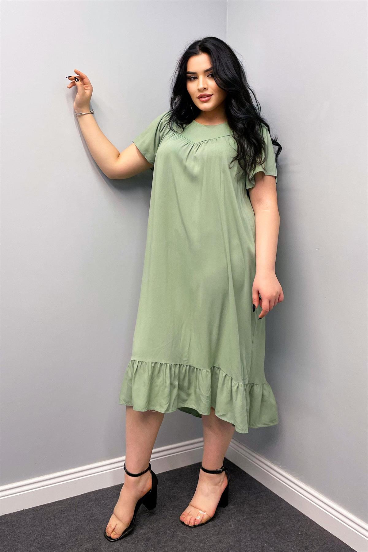 Büyük Beden Eteği Fırfırlı Yaka Detaylı Yazlık Elbise Mint Yeşil