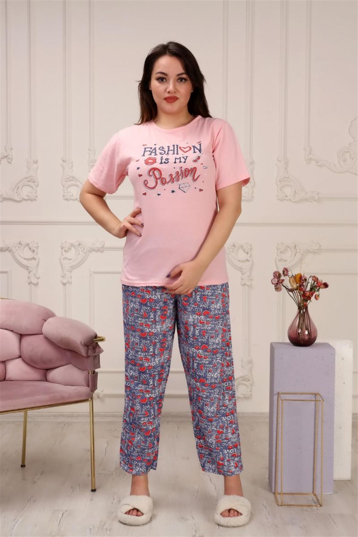 Pijama Takımı Büyük Beden Fashion Baskılı Pijama Takımı Pembe