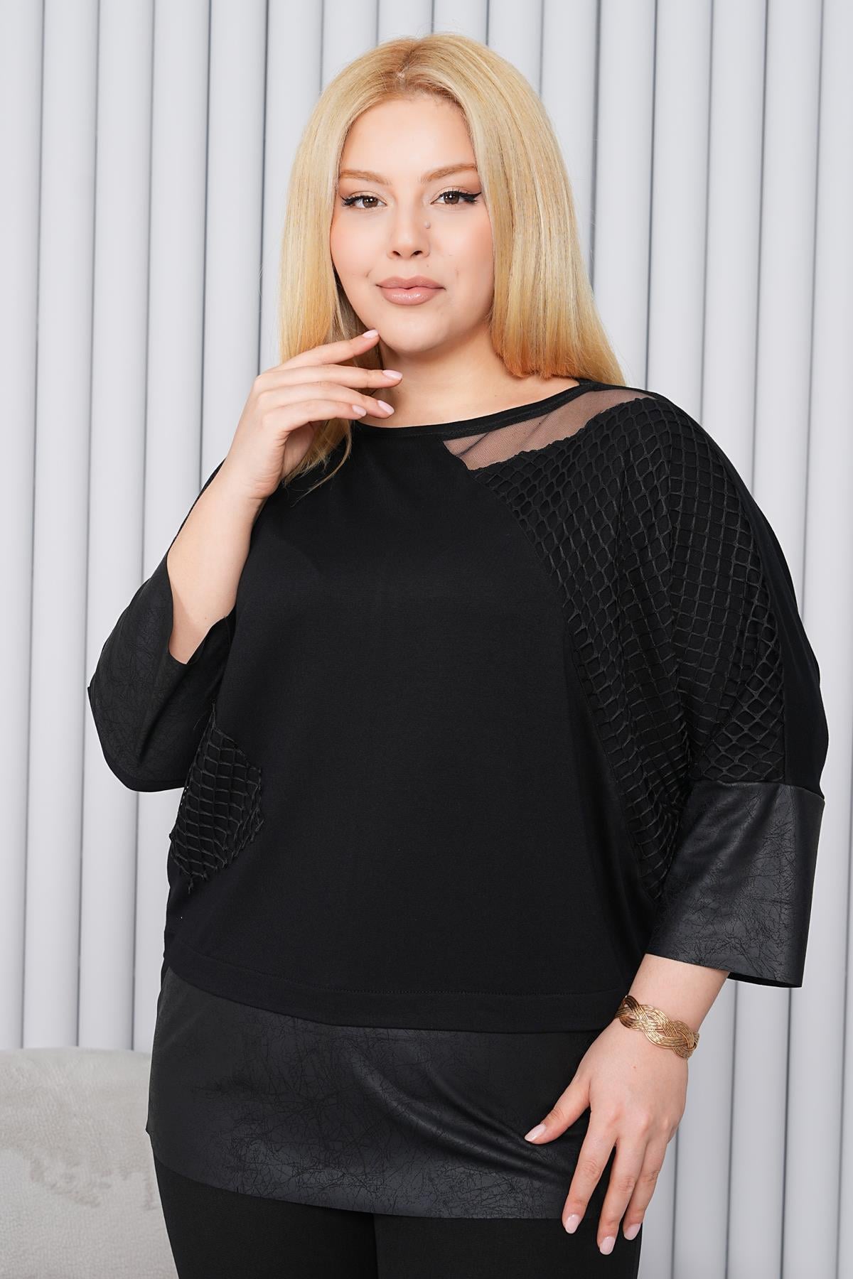 Büyük Beden File ve Deri Detaylı Oversize Lüks Bluz