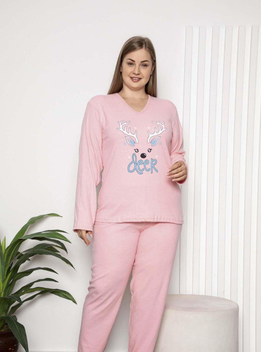 Pijama Takımı Büyük Beden Geyik Baskılı Fitilli Pamuklu Pijama Takımı Pudra