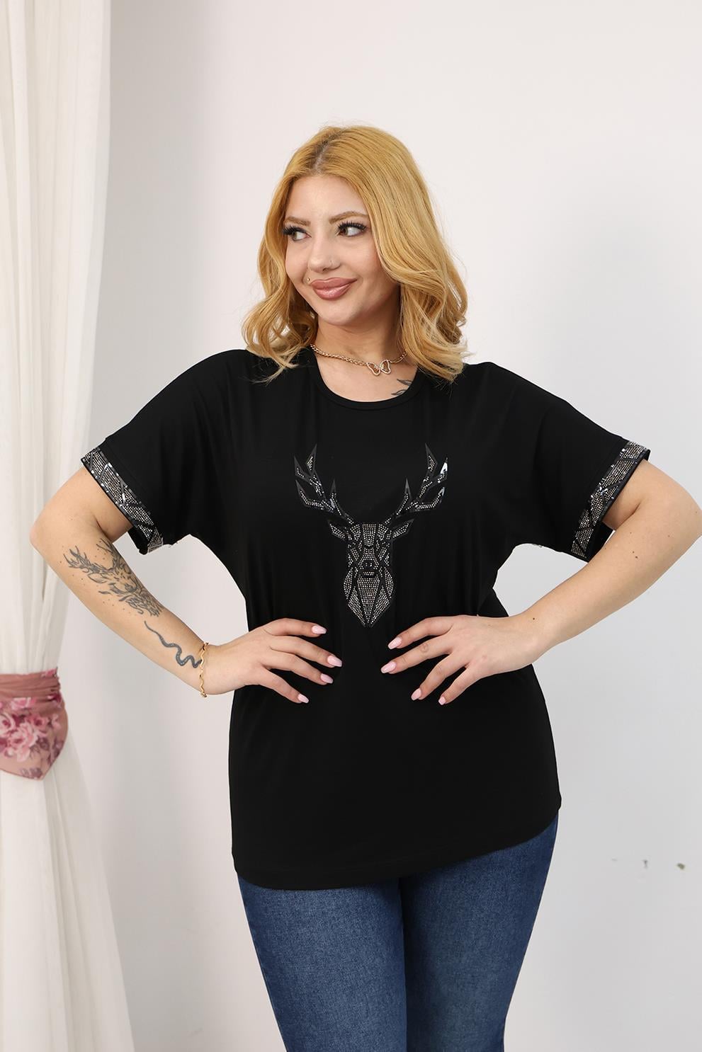 Büyük Beden Geyik Taş Baskılı Bluz
