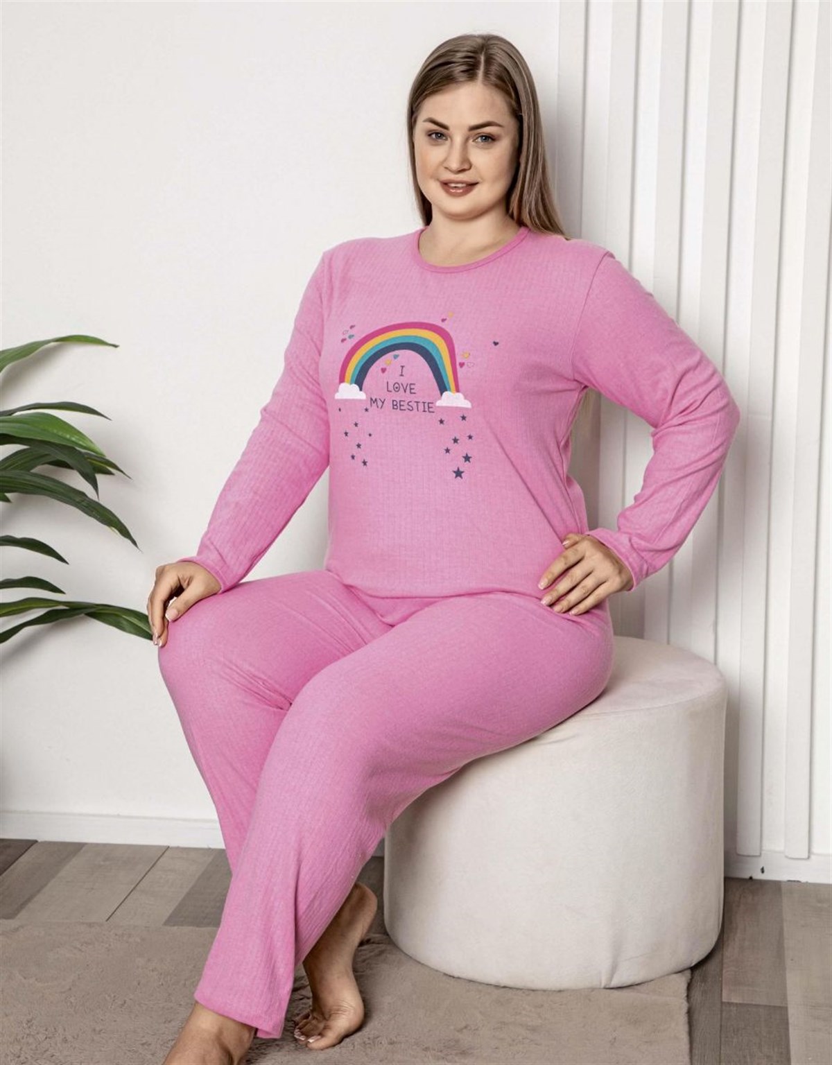 Pijama Takımı Büyük Beden Gökkuşağı Baskılı Fitilli Pamuklu Pijama Takımı Pembe