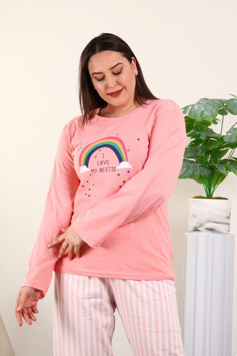 Pijama Takımı Büyük Beden Gökkuşağı Baskılı Pamuklu Pijama Takımı Yavruağzı