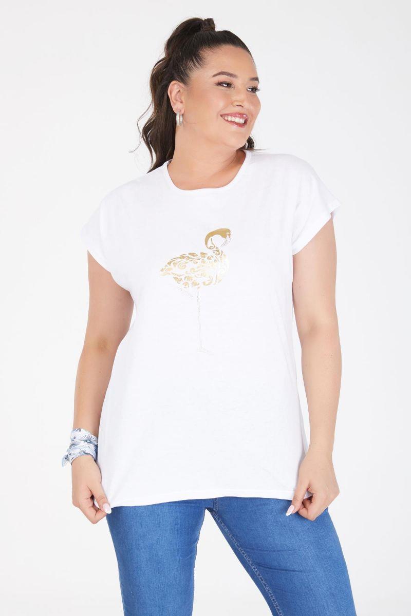 Tshirt Büyük Beden Gold Flamingo Baskılı Yarasa Kol T-Shirt Beyaz