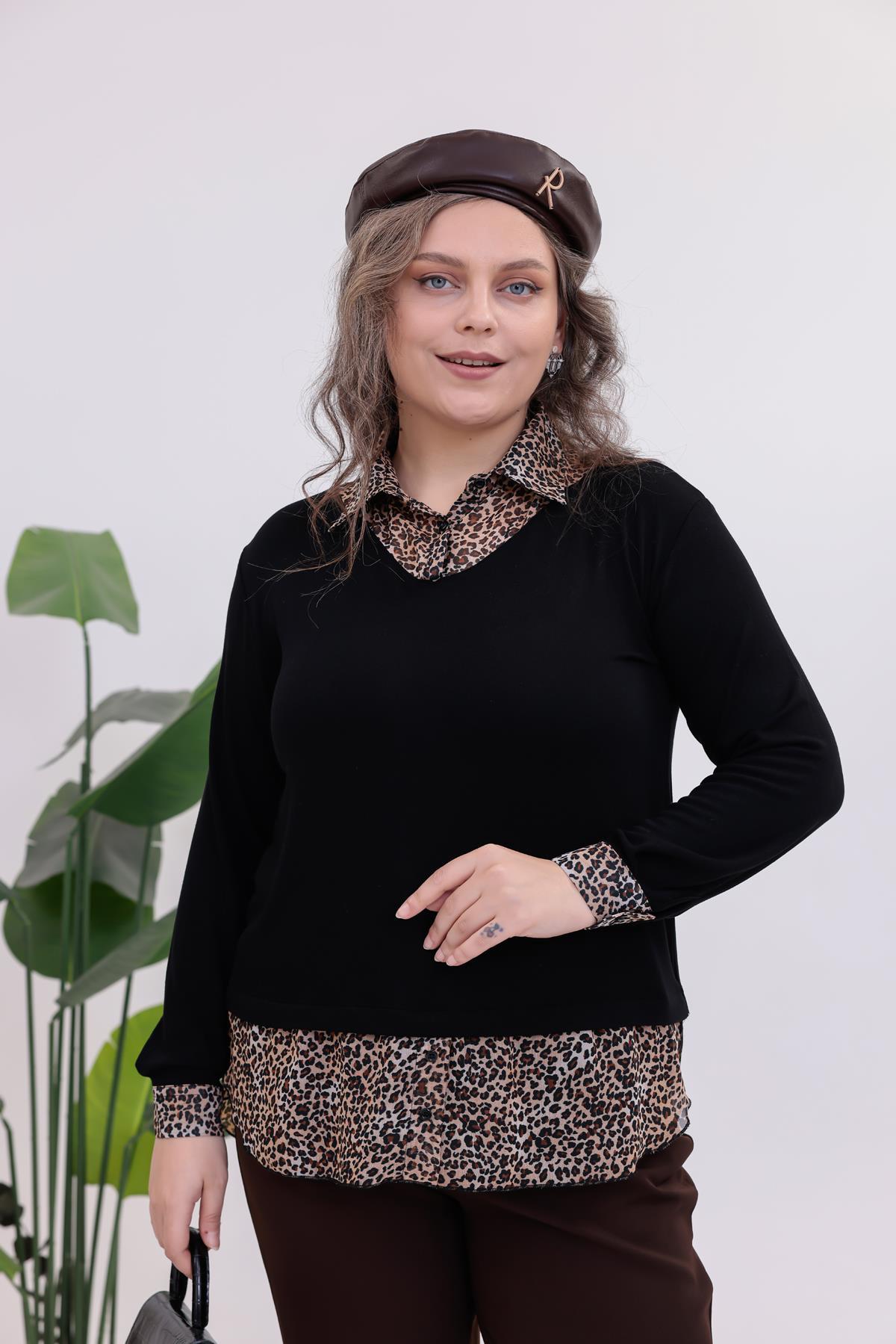 Büyük Beden Gömlek Yaka Leopar Bluz