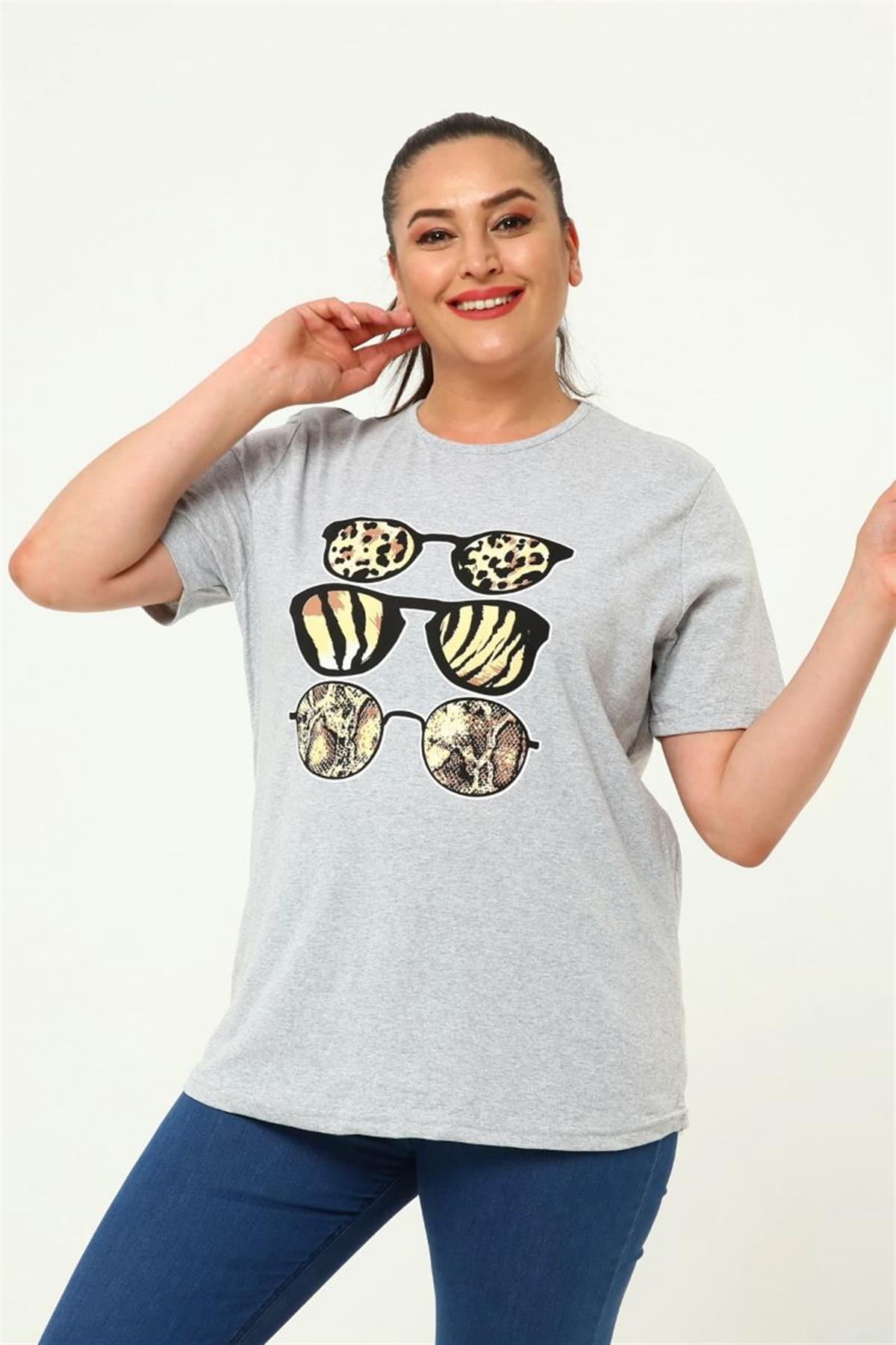 Tshirt Büyük Beden Gözlük Baskılı Bisiklet Yaka T-Shirt Gri