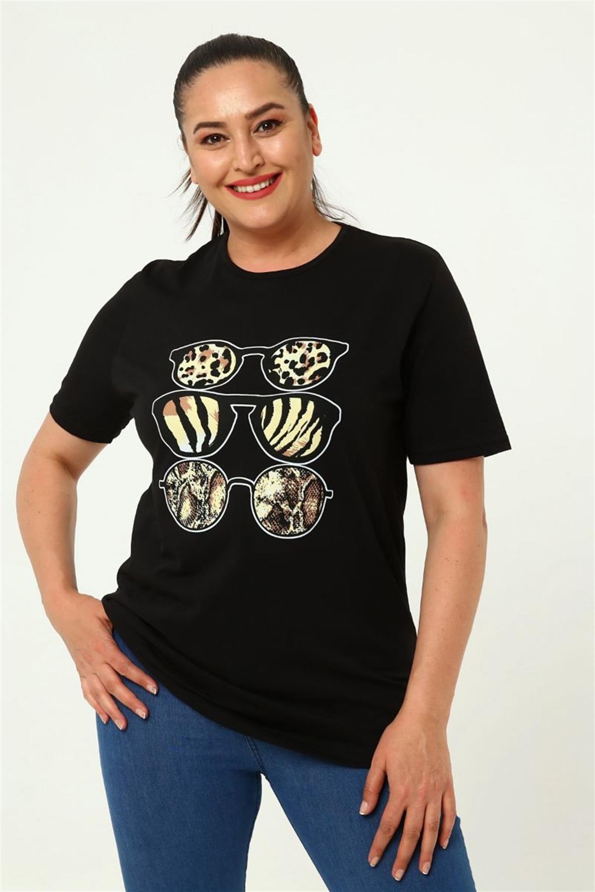 Tshirt Büyük Beden Gözlük Baskılı Bisiklet Yaka T-Shirt Siyah