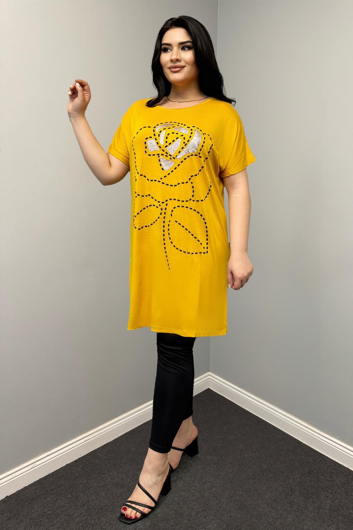 Tshirt Büyük Beden Gül Baskılı Tunik Tshirt
