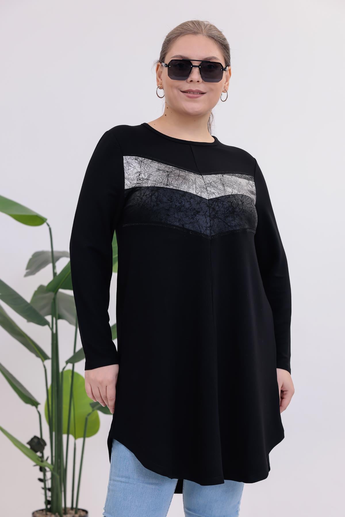 Büyük Beden Gümüş Detaylı Tunik Bluz