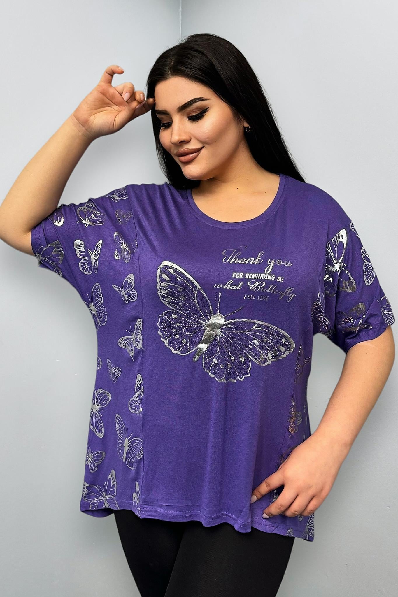 Tshirt Büyük Beden Gümüş Kelebek Baskılı Oversize Tshirt