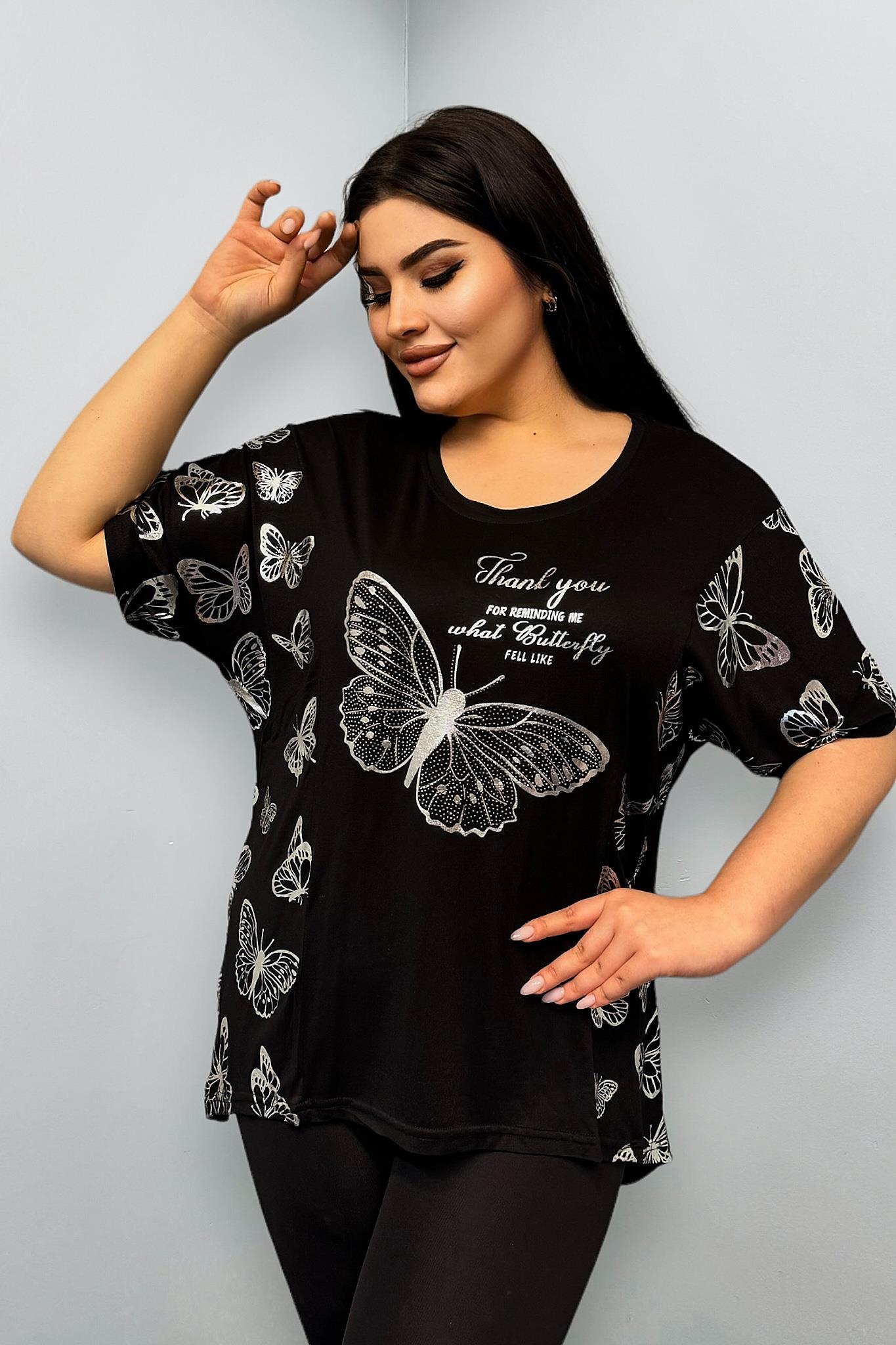 Tshirt Büyük Beden Gümüş Kelebek Baskılı Oversize Tshirt