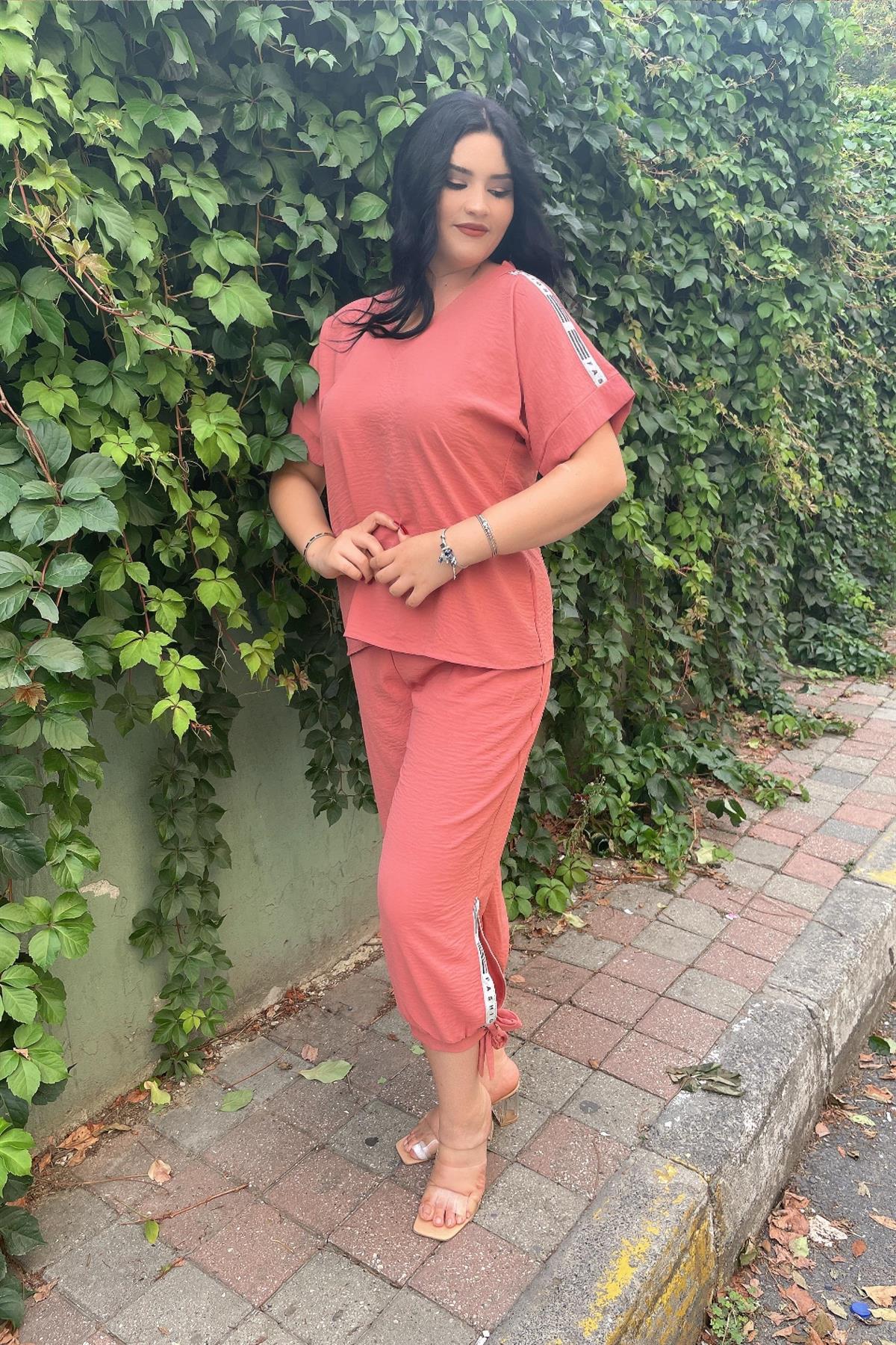 İkili Takım Büyük Beden Gümüş Sim Şeritli Keten Ikili Takım Gül Kurusu