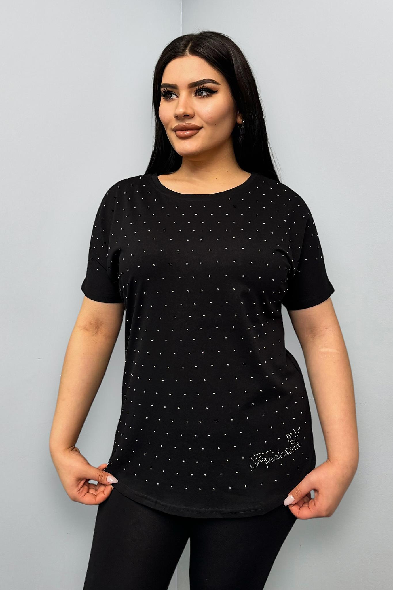 Tshirt Büyük Beden Gümüş Taş Baskılı Pamuklu Likralı Tshirt