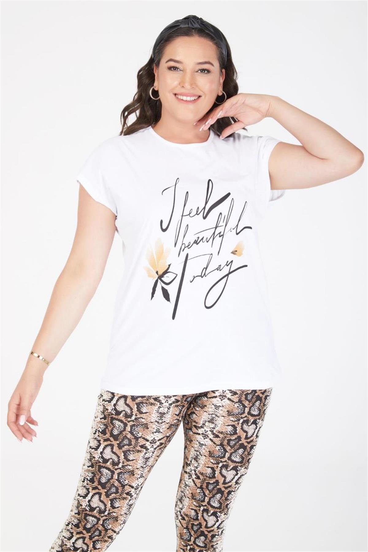 Tshirt Büyük Beden Günlük Yarasa Kol T-Shirt Beyaz
