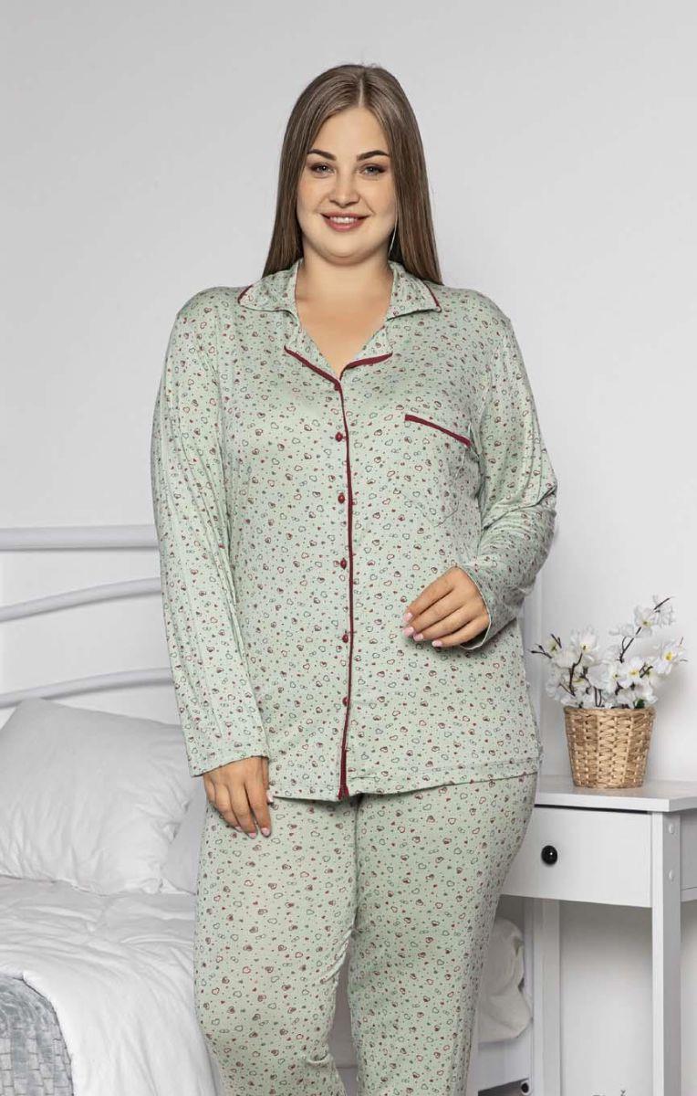 Pijama Takımı Büyük Beden Kalp Baskılı Düğmeli Cepli Maskülen Pijama Takımı Yeşil
