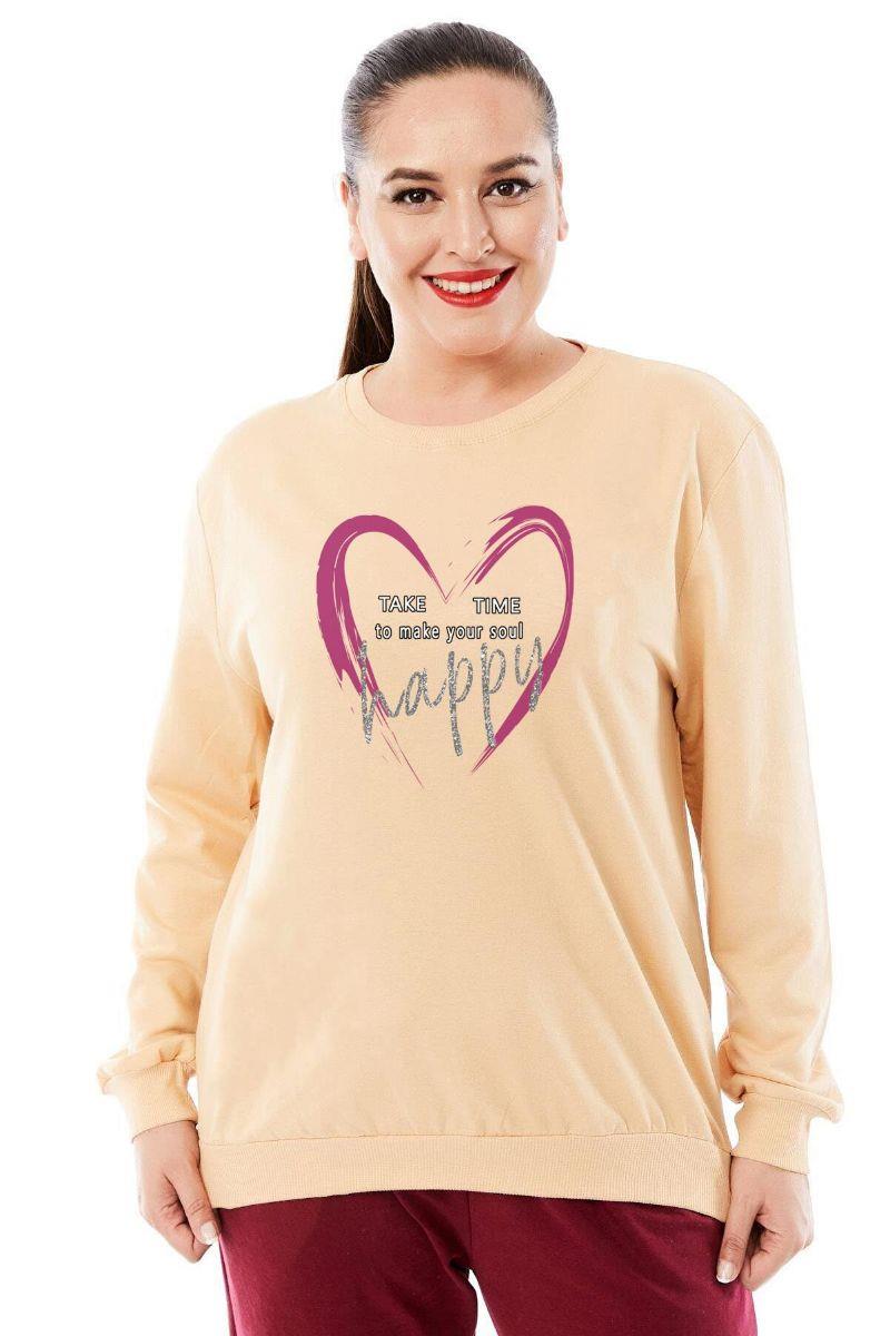 Sweatshirt Büyük Beden Kalp Baskılı Oversize Sweatshirt Camel