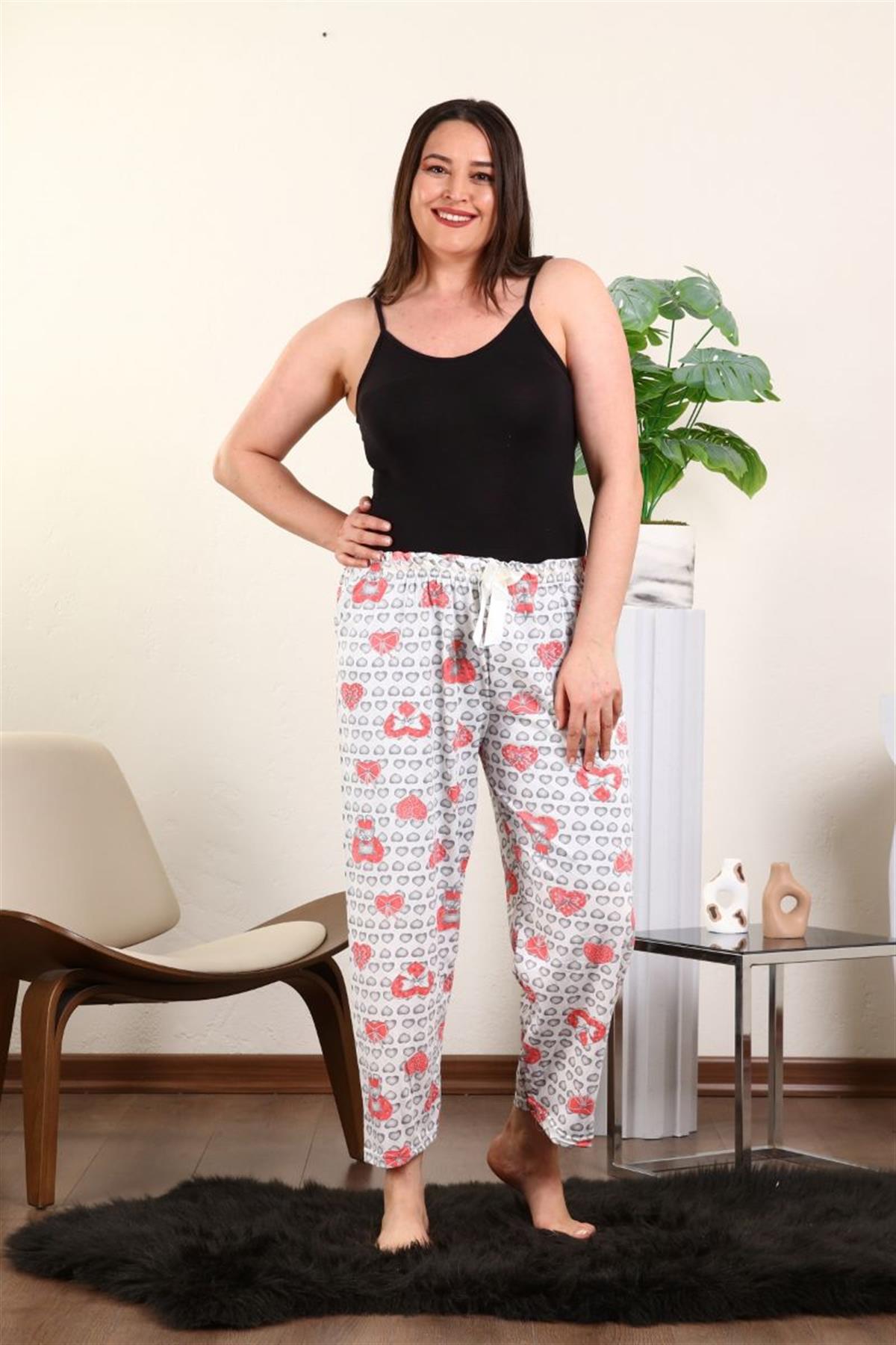 Pijama Takımı Büyük Beden Kalp Baskılı Pijama Altı Ekru