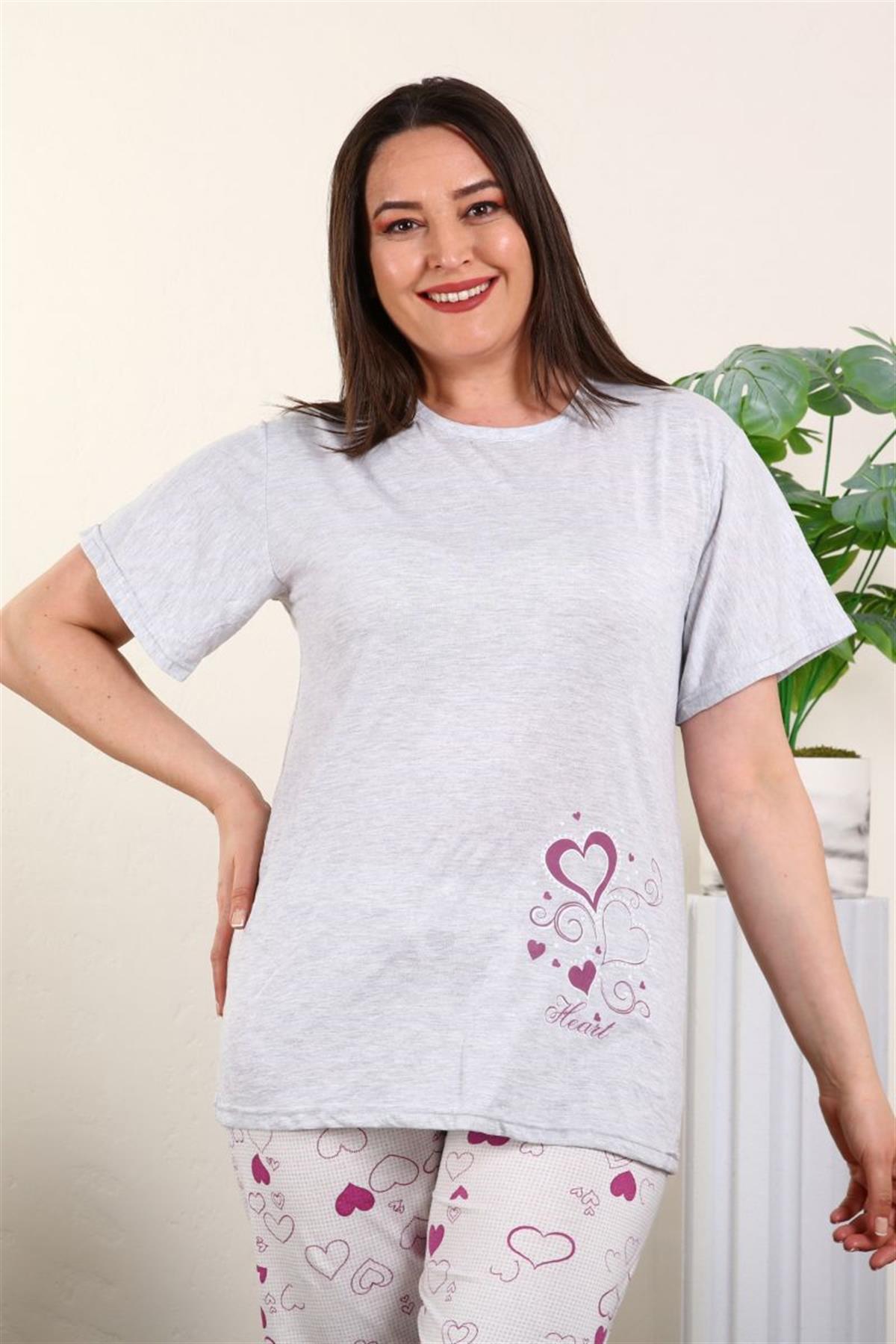 Pijama Takımı Büyük Beden Kalp Baskılı Pijama Takımı Gri