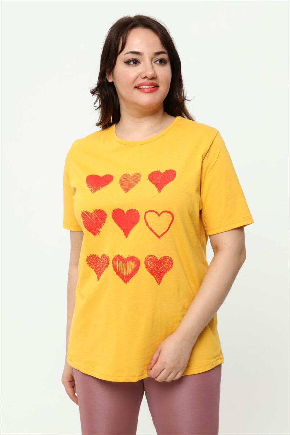 Tshirt Büyük Beden Kalp Baskılı T-Shirt Hardal