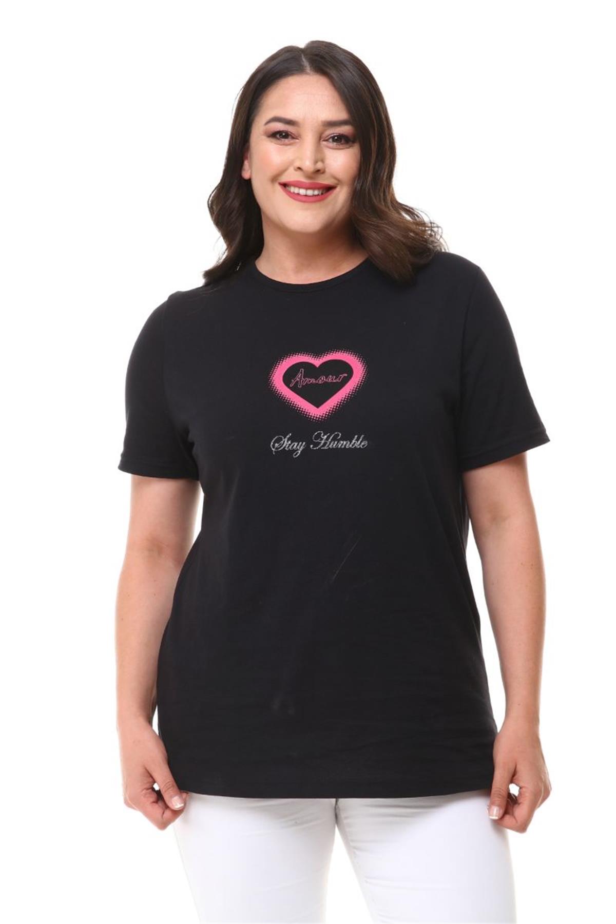 Tshirt Büyük Beden Kalp Baskılı T-Shirt Siyah