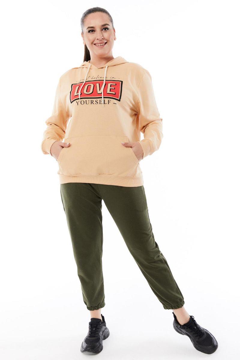 Sweatshirt Büyük Beden Kapüşonlu Kanguru Cepli Baskılı Sweatshirt Camel