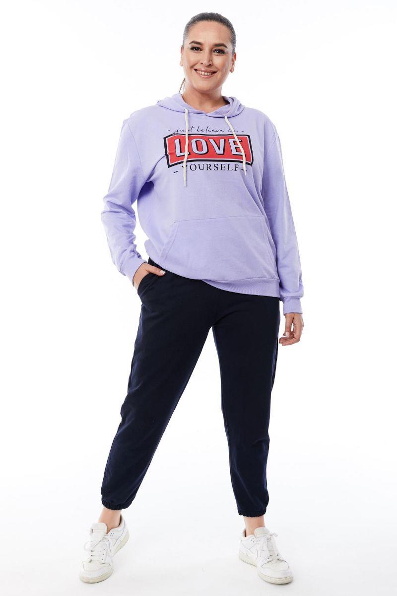 Sweatshirt Büyük Beden Kapüşonlu Kanguru Cepli Baskılı Sweatshirt Lila