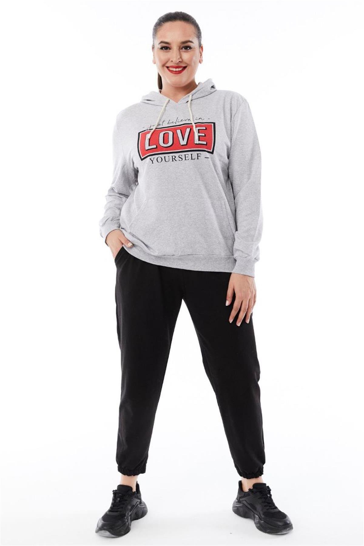 Sweatshirt Büyük Beden Kapüşonlu Kanguru Cepli Baskılı Sweatshirt Gri